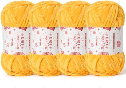 4x100g Fluffy Velvet Chenille Yarn for Crocheting and Knitting, 4x80m (87.5yd) Baby Yarn for Crocheting Soft, Crochet Chunky Yarns Amigurumi Yarns (4 Golden Yellow) by OMoiut