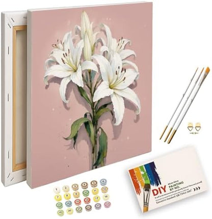Botanical Art Paint by Numbers Kit for Adults - DIY White Lilies with Pink Backdrop Painting on Canvas 8X12IN framed, Acrylic Paint Set, Suitable for Beginners, Art for Home Decoration or Gifts by Unknown