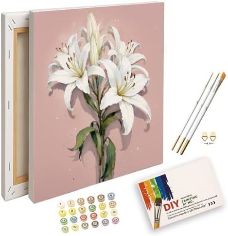 Botanical Art Paint by Numbers Kit for Adults - DIY White Lilies with Pink Backdrop Painting on Canvas 12X16IN framed, Acrylic Paint Set, Suitable for Beginners, Art for Home Decoration or Gifts by Unknown