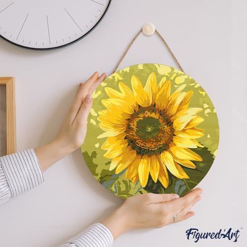 Figured'Art Paint by Numbers Kit for Adults on Wood Slice, 11.8in Diameter - Sunflower - Craft Art Painting DIY Canvas - Image 3