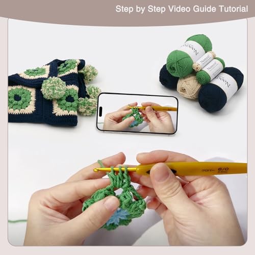 Noocro Complete Crochet Kit for Pom-Pom Granny Square Scarf Hood, DIY Yarn Kit, Detailed Instructions, Step by Step Video Tutorial, Beginner-Friendly, Intermediate Crocheter Craft Set (Navy Moss) - Image 5