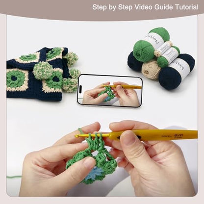 Noocro Complete Crochet Kit for Pom-Pom Granny Square Scarf Hood, DIY Yarn Kit, Detailed Instructions, Step by Step Video Tutorial, Beginner-Friendly, Intermediate Crocheter Craft Set (Navy Moss) - Image 5
