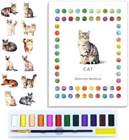 CraftyManor Watercolor Workbook Creative Insect Water color Paint Book Set with Paints & Brush, 12 Patterns of Original DIY Designs, Beginner-Friendly Adult Coloring Books (Cat) by CraftyManor