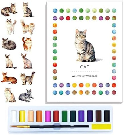 CraftyManor Watercolor Workbook Creative Insect Water color Paint Book Set with Paints & Brush, 12 Patterns of Original DIY Designs, Beginner-Friendly Adult Coloring Books (Cat) by CraftyManor