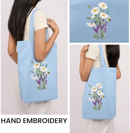Canvas Tote Bag Embroidery Kit with Pattern for Beginners, Arts and DIY Embroidery Crafts Kits for Adults, Instructions, Embroidery Hoops, Color Threads (lightblue, CR002 huaxiangyiren lightblue) - Image 2