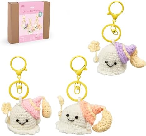 HOUSE CREATIVITY Crochet Keychain Kit for Beginners, Make 3 Mini Ghost Charms, Crochet Kits with Video Tutorial, Complete Set with Yarn, Hook & Keyring, Cozy Stress Relief Gift for Adults & Kids by HouseCreativity