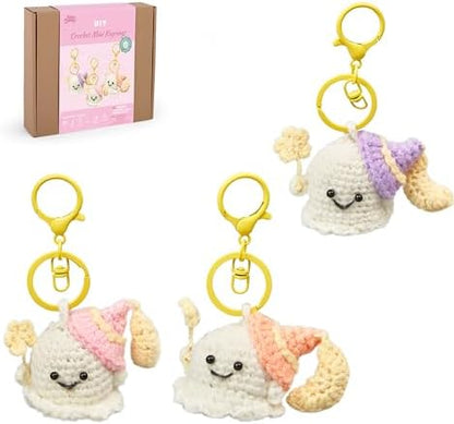 HOUSE CREATIVITY Crochet Keychain Kit for Beginners, Make 3 Mini Ghost Charms, Crochet Kits with Video Tutorial, Complete Set with Yarn, Hook & Keyring, Cozy Stress Relief Gift for Adults & Kids by HouseCreativity