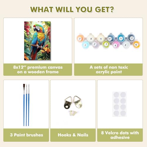 Bowetile Framed Paint by Numbers Parrote for Adults Beginners, Adults' Paint-by-Number Birds Kits, Easy Adult Paint by Number Kits on Canvas, Acrylic Animals Number Painting for Home Decor, 8x12in - Image 6