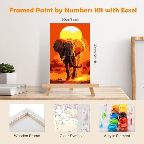 MOGTAA Paint by Numbers Kit for Adults with Frame, Elephant Paint by Number Canvas, Sunset Paint by Numbers with Easel, DIY Animal Oil Painting Kit for Home Wall Decor 8 x 12 Inch - Image 2