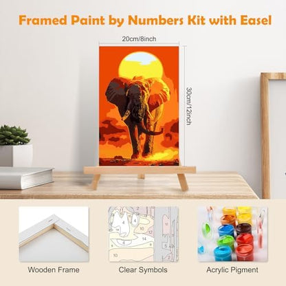MOGTAA Paint by Numbers Kit for Adults with Frame, Elephant Paint by Number Canvas, Sunset Paint by Numbers with Easel, DIY Animal Oil Painting Kit for Home Wall Decor 8 x 12 Inch - Image 2