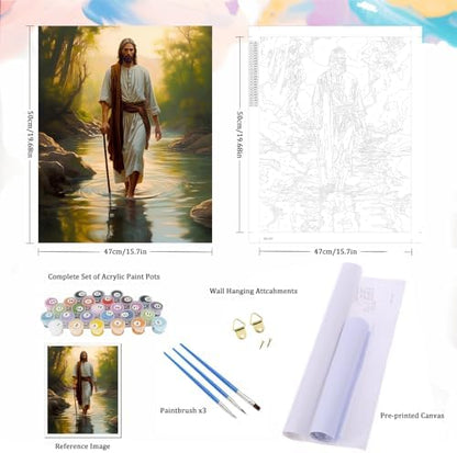 Natuyalo Paint by Numbers Kit for Adults Beginners and Kids, 16" Wx20 L Canvas Pictures Drawing Acrylic Paintwork with 3 Pcs Paintbrushes, Jesus Walking in the Rriver - Image 5