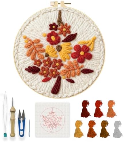 INFUNLY Maple Leaf Punch Needle Kits for Beginners Autumn Thanksgiving Punch Needle Starter Embroidery Set 8.7 Inches Easy for Adults with Instructions Embroidery Hoops and Threader Tools by INFUNLY