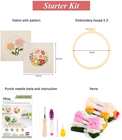 Pllieay 2 Set Punch Needle Embroidery Starter Kits Include Instructions, Punch Needle Fabric with Pattern, Yarns, Embroidery Hoops for Rug-Punch & Pinch Needle - Image 3