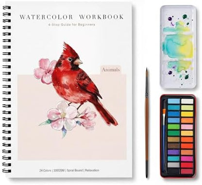 Rurolo Watercolor Workbook for Adults & Beginners - Spiral Bound Kit with 24 Paint Colors, Brushes & 300GSM Paper - Step-by-Step Animal Painting Guide for Stress Relief & Relaxation (6.5x9) by Rurolo