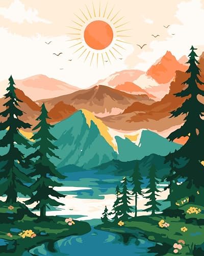 Yunnuo Landscape Paint by Numbers Kit for Adults Beginner, Sun & Mountain Paint by Number Canvas,Acrylic Abstract Paint with Numbers for with 3 Pcs Paintbrushes Home Wall Decor Gift (16 x 20 in) by Yunnuo-premiumdiyartpaintingkits