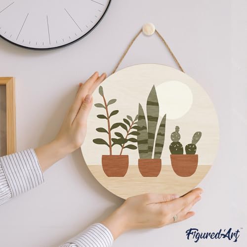 Figured'Art Paint by Numbers Kit for Adults on Wood Slice, 11.8in Diameter - Three Plant pots - Craft Art Painting DIY Canvas - Image 3