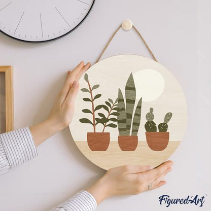 Figured'Art Paint by Numbers Kit for Adults on Wood Slice, 11.8in Diameter - Three Plant pots - Craft Art Painting DIY Canvas - Image 3