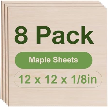 Rowood 8 Pack Maple Plywood 1/8,12x12x1/8inch,3mm Wood Sheets Thin Unfinished Maple Plywood for Laser Cutting and Engraving,DIY Adult Craft Project Kits for Ornaments, Models Drawing,Wood Burning by RowoodAssembleArtDecorateLife