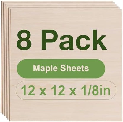 Rowood 8 Pack Maple Plywood 1/8,12x12x1/8inch,3mm Wood Sheets Thin Unfinished Maple Plywood for Laser Cutting and Engraving,DIY Adult Craft Project Kits for Ornaments, Models Drawing,Wood Burning by RowoodAssembleArtDecorateLife