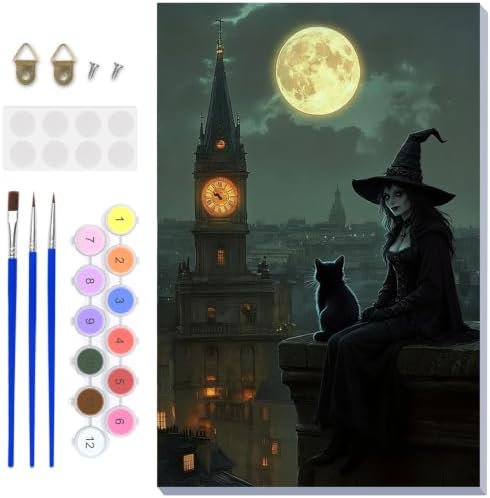 NAIMOER Halloween Paint by Numbers Kits for Adults Beginner with Wooden Framed, Witch Cat Color by Numbers on Canvas Painting Kits for Adults, Easy Paint DIY Acrylic for Home Wall Decor 8X12 Inch by NAIMOER