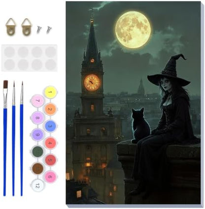 NAIMOER Halloween Paint by Numbers Kits for Adults Beginner with Wooden Framed, Witch Cat Color by Numbers on Canvas Painting Kits for Adults, Easy Paint DIY Acrylic for Home Wall Decor 8X12 Inch by NAIMOER
