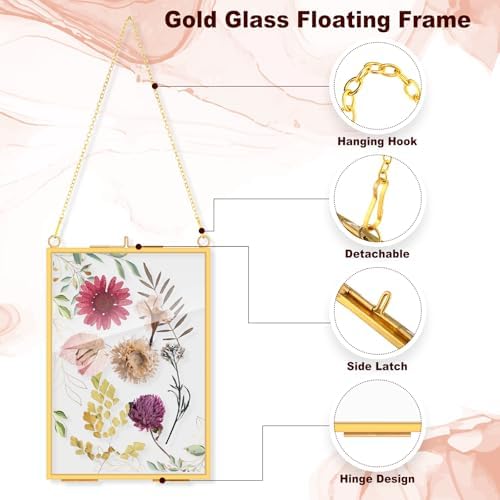 Barydat 48 Pcs Pressed Flower Frame Floating Glass Frames, 5“x7”, Gold - Image 3