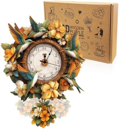 3D Puzzles for Adults Wooden Hummingbird Puzzle Clock Adult Crafts by Cutywood