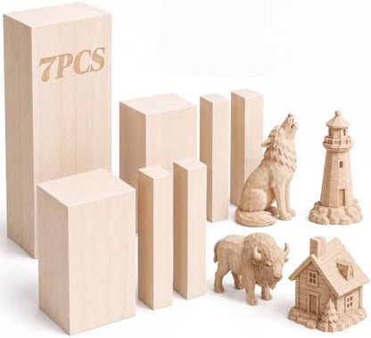 Basswood Carving Blocks, 7 PCS Whittling Wood Blocks with 5 Different Sizes, 2x4x1x1in, 2x6x1x1in, 1x4x2x2in, 1x2x2x6in, 1x3x3x10in, Carving Wood Blocks - Smooth Cut, No Cracks, Easy to Paint by YIPLED