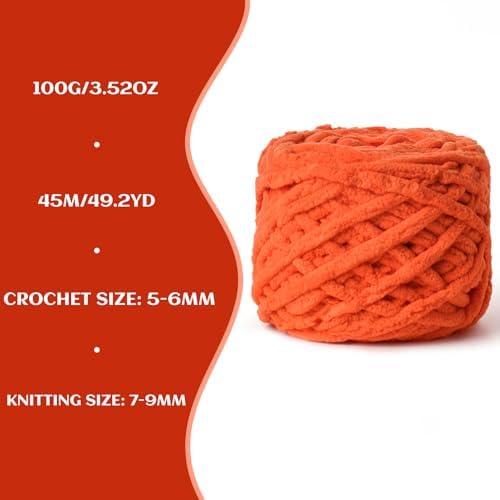 Plush Chenille Chunky Velvet 100g (49.2yd) - Fluffy Yarn for Crochet & Knitting - Baby Amigurumi Yarn (Orange) - Image 3