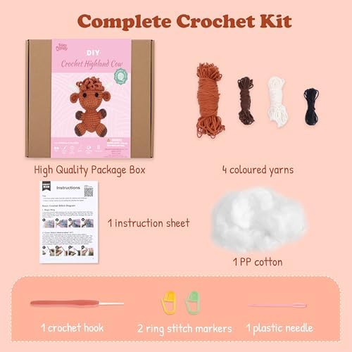 HOUSE CREATIVITY Crochet Kit for Beginners, Make a Highland Cow, Amigurumi Starter Kit with Step-by-Step Video Tutorial, Yarn, Hook & Stuffing, Stress Relief DIY Craft Gift for Adults - Image 2
