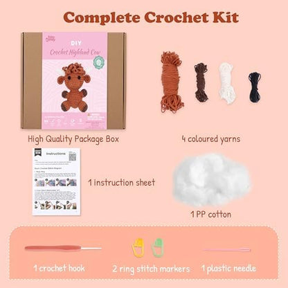 HOUSE CREATIVITY Crochet Kit for Beginners, Make a Highland Cow, Amigurumi Starter Kit with Step-by-Step Video Tutorial, Yarn, Hook & Stuffing, Stress Relief DIY Craft Gift for Adults - Image 2