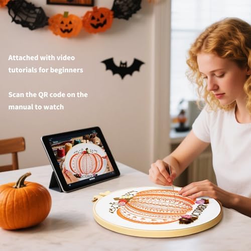 Easy Beginners Embroidery Stitches Practice Kits for Adults, Fall Pumpkin Embroidery Starters Kits for Beginners to Learn 26 Stitches, Autumn Hand Embroidery Set Craft for Women & Video Tutorial - Image 3