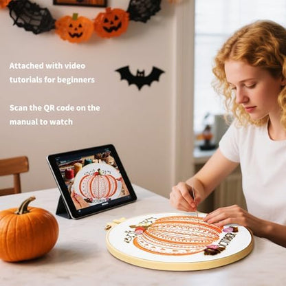 Easy Beginners Embroidery Stitches Practice Kits for Adults, Fall Pumpkin Embroidery Starters Kits for Beginners to Learn 26 Stitches, Autumn Hand Embroidery Set Craft for Women & Video Tutorial - Image 3