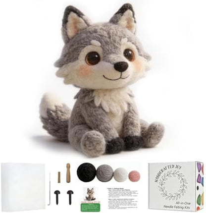 FACE N FACE DIY Needle Felting Kit Cute Wolf Pup – Needle Felting Starter Kit with Fiber Roving, Needles, Felting Pad & Instructions | Felted Wild Animal Kit for Beginners Adults | DIY Craft Gift by FaceNFace