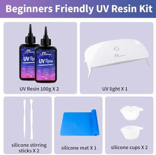 Honcaring UV Resin Kit 200g with UV Light, Hard Type UV Resin Kit, Upgraded Formula & Crystal Clear UV Resin for Jewlery Making, 100g*2 Resin UV Kit with Light for Earring, Pendant, DIY - Image 2