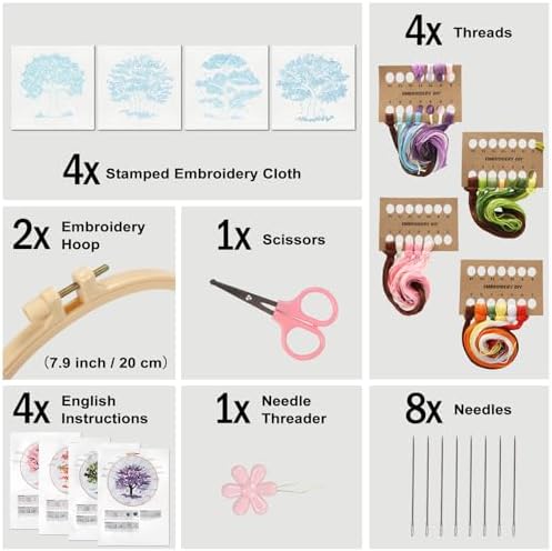 Sivilife Embroidery Starter Kit for Beginners, 4 Sets Stamped Cross Stitch Kits for Adult, Seasonal Tree Pattern Hand DIY Kits with 2 Embroidery Hoop Instructions Color Threads Needles and Scissor - Image 2