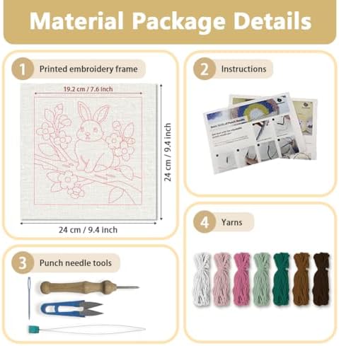Doodlream Rabbit On Branch DIY Punch Needle Embroidery Kit for Adult Beginner, 9.4" Bunny Flower Punch Stitching Craft Set for Starter with Frame,Fabric Pattern,Threader, Yarn, Pinch Needle - Image 2