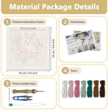 Doodlream Rabbit On Branch DIY Punch Needle Embroidery Kit for Adult Beginner, 9.4" Bunny Flower Punch Stitching Craft Set for Starter with Frame,Fabric Pattern,Threader, Yarn, Pinch Needle - Image 2