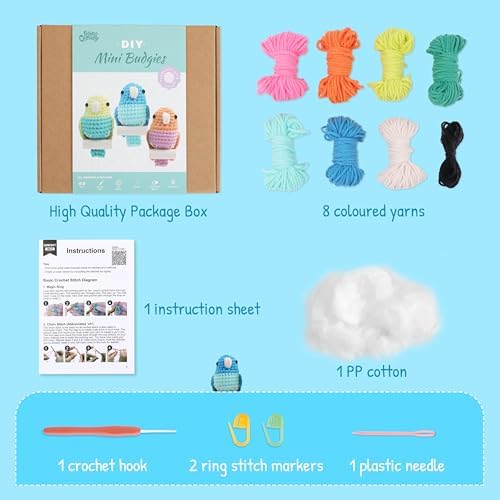 HOUSE CREATIVITY Crochet Kit for Beginners, Make 3 Mini Budgie Birds, Amigurumi Crochet Starter Kit with Step-by-Step Video Tutorial, Yarn, Hook, Eyes & Stuffing, DIY Craft Kit Gift for Adults - Image 3