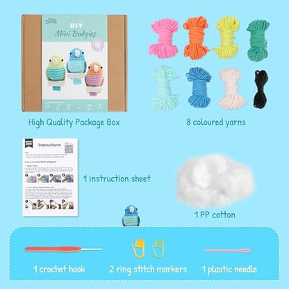 HOUSE CREATIVITY Crochet Kit for Beginners, Make 3 Mini Budgie Birds, Amigurumi Crochet Starter Kit with Step-by-Step Video Tutorial, Yarn, Hook, Eyes & Stuffing, DIY Craft Kit Gift for Adults - Image 3