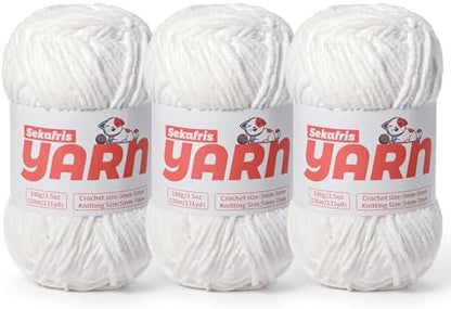 3 Pack Plush Chunky Chenille Yarn for Crocheting, Soft Fluffy Velvet Yarn for Crocheting, Fuzzy Baby Blanket Knitting Yarn, 300g/393yds Bulky Amigurumi Yarns（3 Snow White） by Sekafris