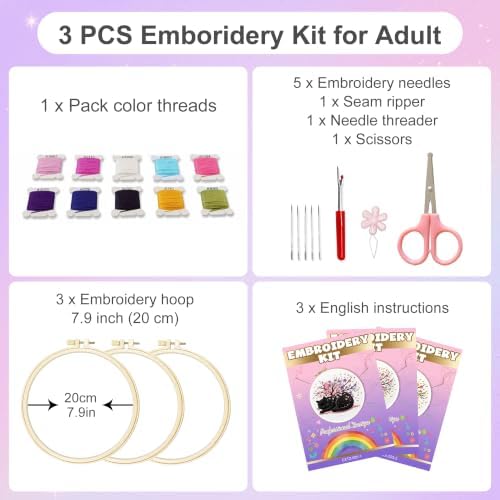Huacan Embroidery Kit for Adults Beginners with 3 Hoops & Gift Box - Image 2