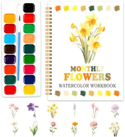 Easy Flowers Watercolor Workbook, Water Coloring Book, 12 Patterns, 18 Colors Watercolor Paint Set, Watercolor Kit for Beginners, Stress Relieving, DIY Art Kit for Adults Women Teen (Floral) by SHLINCO