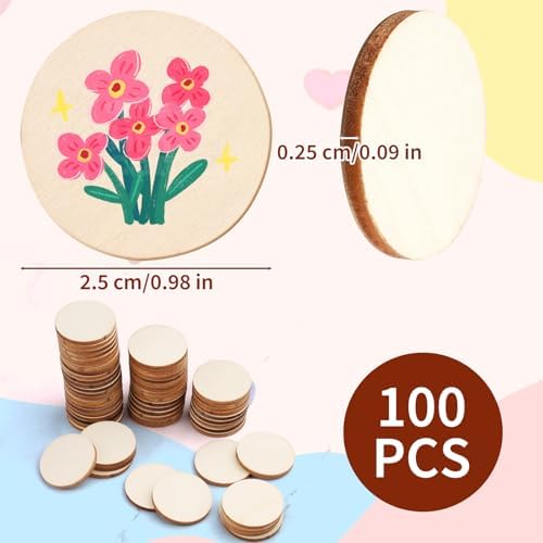 100 Pack Unfinished Wood Circles - 1 Inch Natural Round Wood Slices, Small Wooden Crafts Cutouts Circle Ornaments, Blank Wooden Kit for Painting, Writing, DIY Supplies, Engraving & Carving - Image 2
