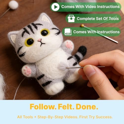 MeowPick Needle Felting Kit, Wool Felting Kit for Beginners Adults, 3 Inch Cute Cat Needle Felting Tools Set, Complete Felting Supplies, DIY Craft for Keychain Car Ornament Gift (Pale) - Image 3