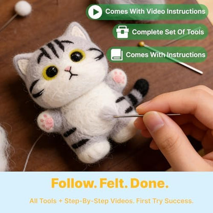 MeowPick Needle Felting Kit, Wool Felting Kit for Beginners Adults, 3 Inch Cute Cat Needle Felting Tools Set, Complete Felting Supplies, DIY Craft for Keychain Car Ornament Gift (Cream) - Image 3
