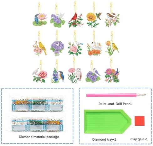 LAKEQUILL 15Pcs 5D DIY Diamond Art Painting Keychain Kits - Double Sided Flowers Animals Pendants Decorative Key Rings for Adults Beginners Craft - Image 4
