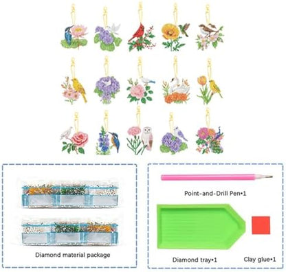 LAKEQUILL 15Pcs 5D DIY Diamond Art Painting Keychain Kits - Double Sided Flowers Animals Pendants Decorative Key Rings for Adults Beginners Craft - Image 4