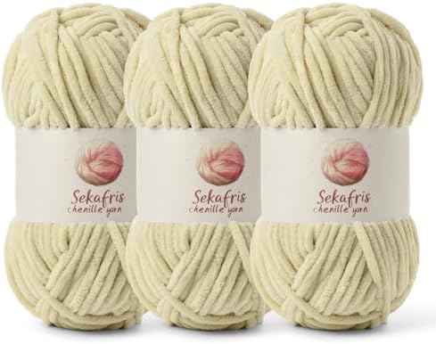 Chenille Blanket Yarn for Crocheting Size 5 Bulky Yarn 3 Beige by Sekafris