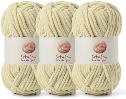 Chenille Blanket Yarn for Crocheting Size 5 Bulky Yarn 3 Beige by Sekafris